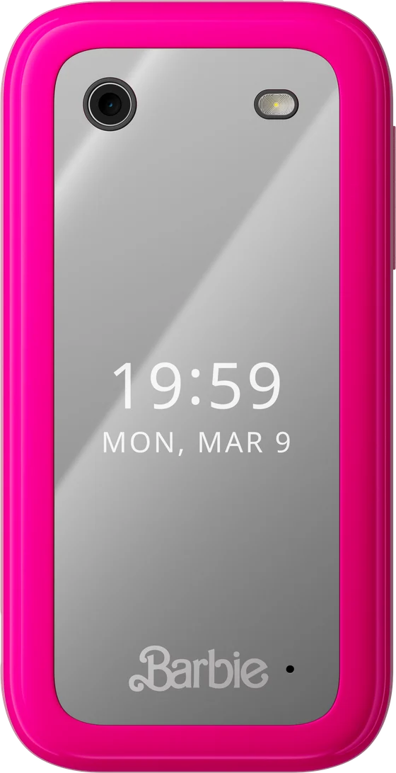 HMD Barbie Phone, a pink flip phone, closed, front view.