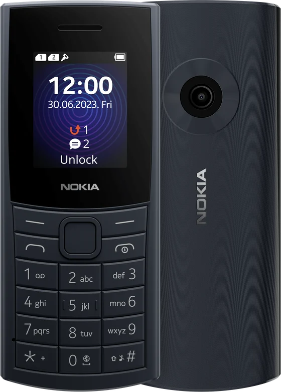 Nokia 110 4G in midnight blue, front and back view.