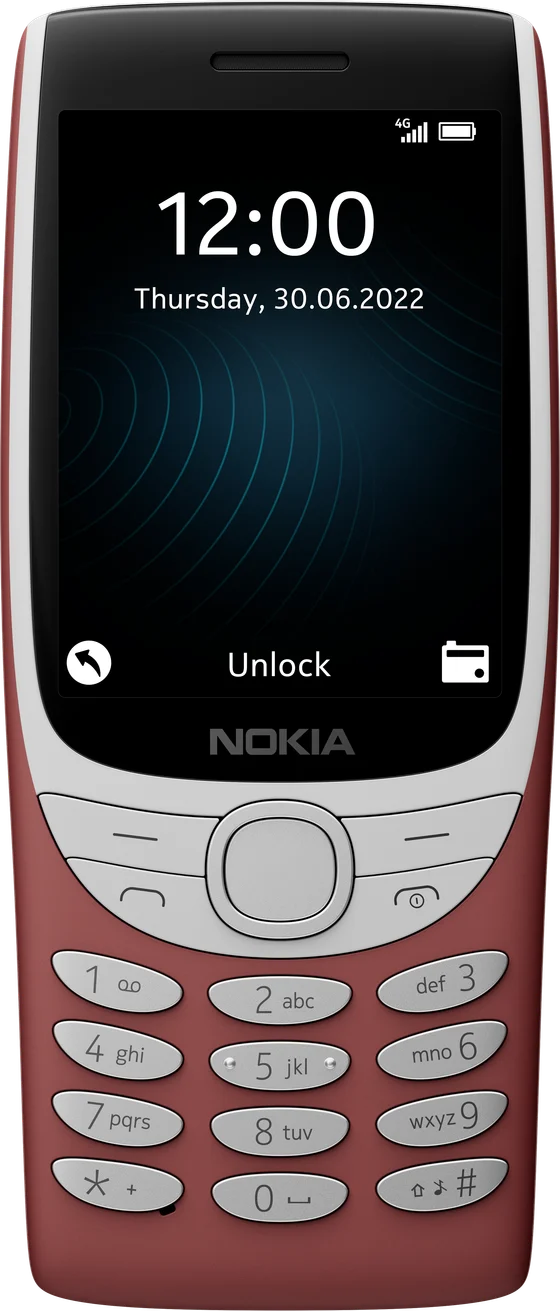 Nokia 8210 4G in red, front view.